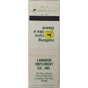 Vintage Matchbook Cover Langdon Implement CO John Deere ND North Dakota